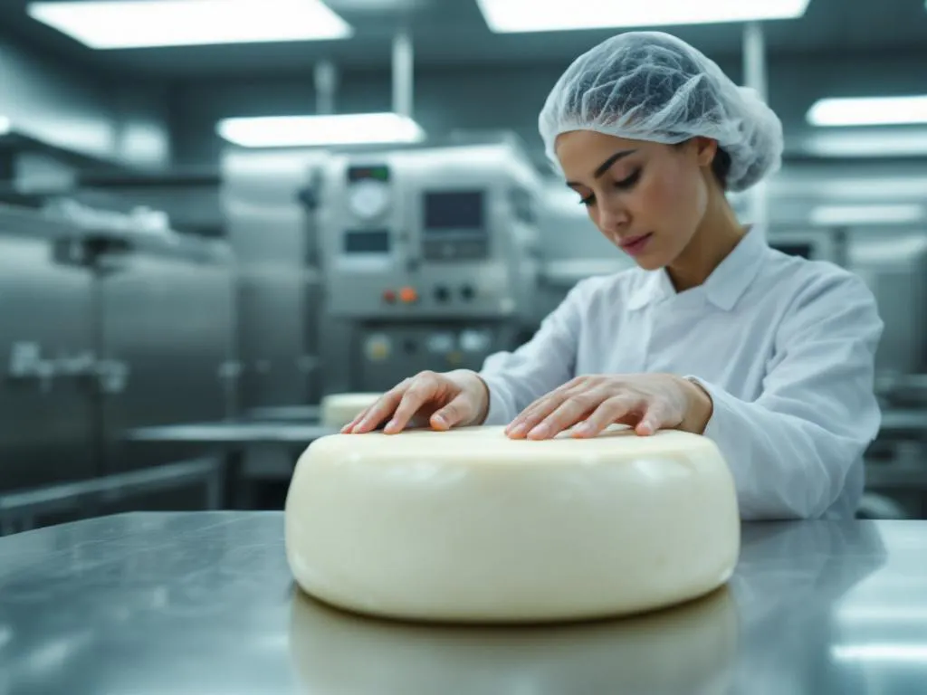 Quality control technician in lab coat examining artisanal goat cheese wheel in sterile industrial cheese-making facility