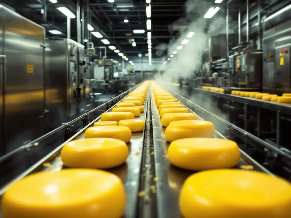 Golden cheese wheels moving on industrial conveyor belt in modern food manufacturing facility with stainless steel equipment