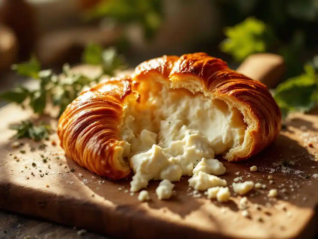 Torn golden croissant with creamy goat cheese filling spilling onto rustic wooden cutting board with fresh herbs