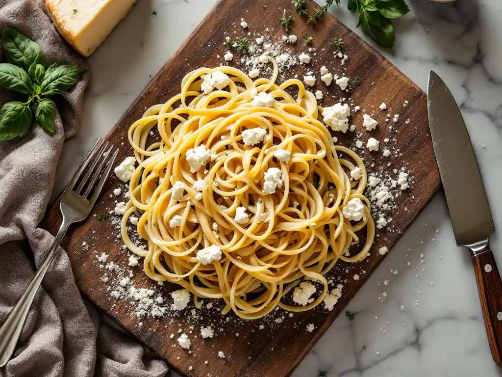 Fresh fettuccine pasta twirled on fork with goat cheese crumbles on rustic wooden cutting board with herbs and cheese wheel