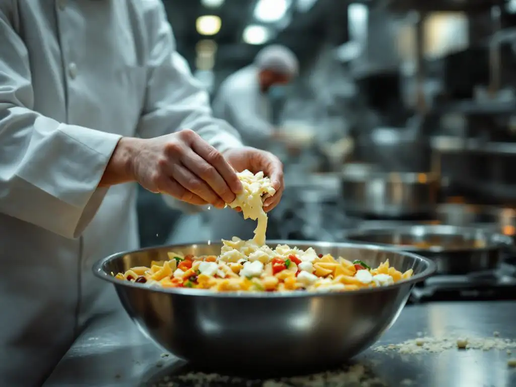 Food production worker in white coat crumbling goat cheese into bowl of pasta and vegetables in industrial kitchen