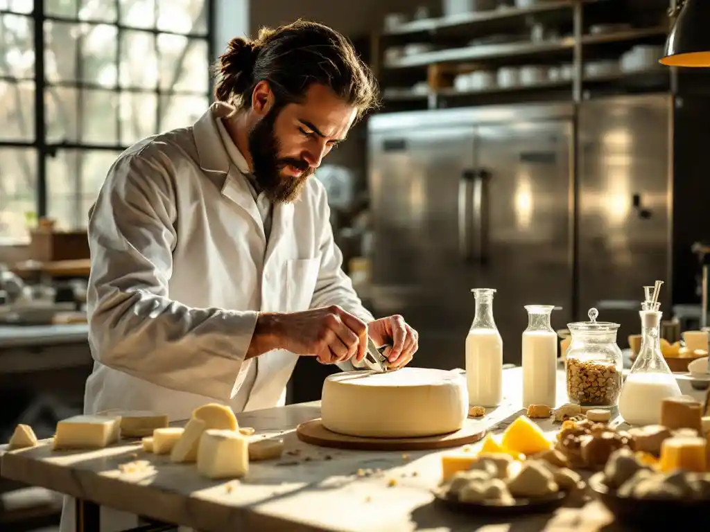Food scientist in lab coat examining artisanal goat cheese wheel with calipers on marble cutting board in laboratory