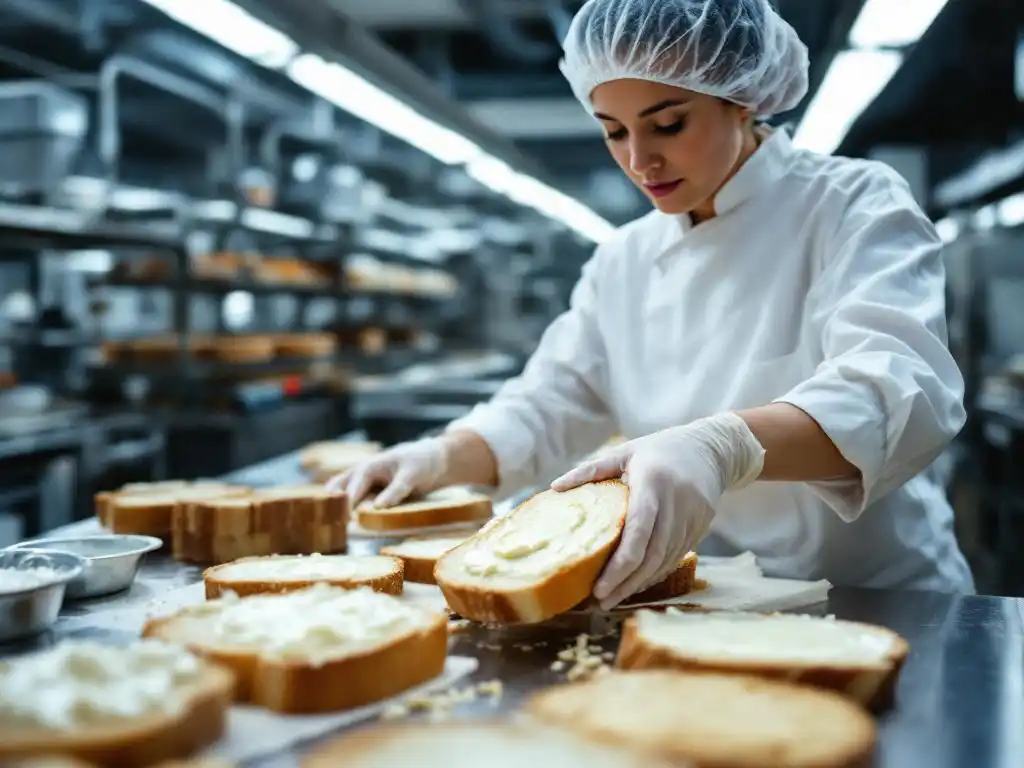 Food manufacturing worker spreading goat cheese on artisanal bread slices at industrial sandwich production line