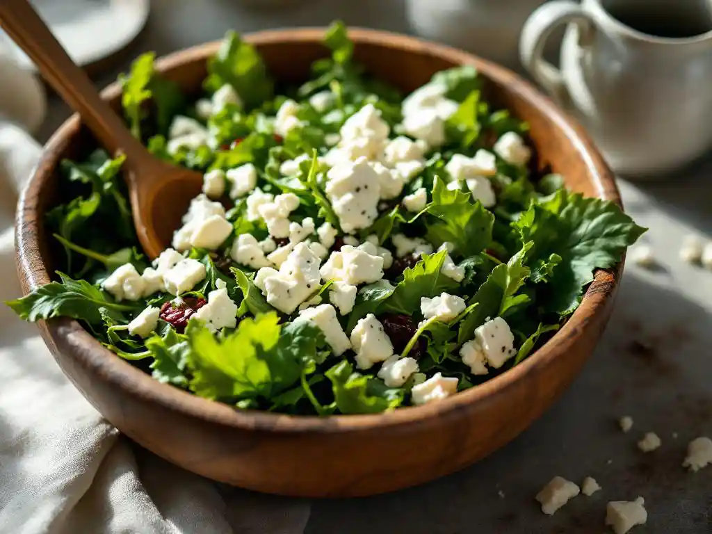 Rustic wooden bowl filled with fresh mixed greens and crumbled goat cheese with wooden spoon on kitchen counter