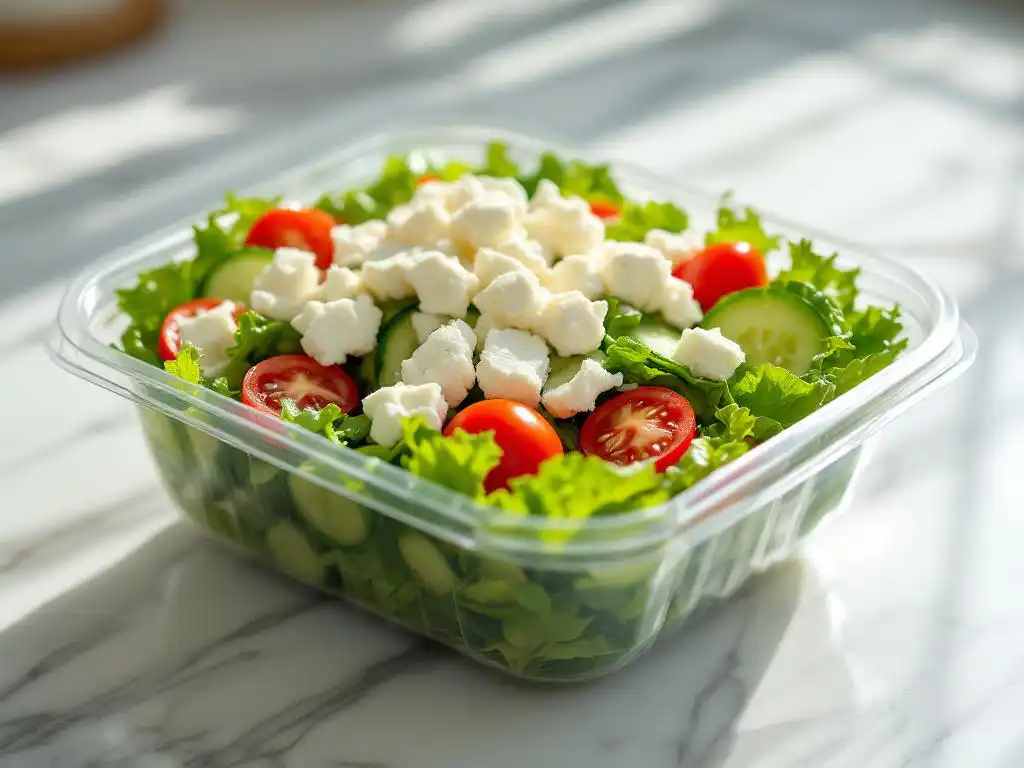 Pre-packaged salad with mixed greens, cherry tomatoes, cucumber, and goat cheese crumbles on marble counter