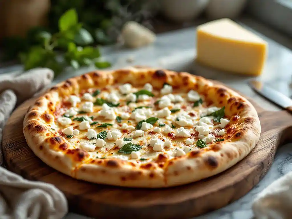Golden-brown frozen pizza with goat cheese crumbles and fresh herbs on wooden cutting board with artisanal cheese wheel