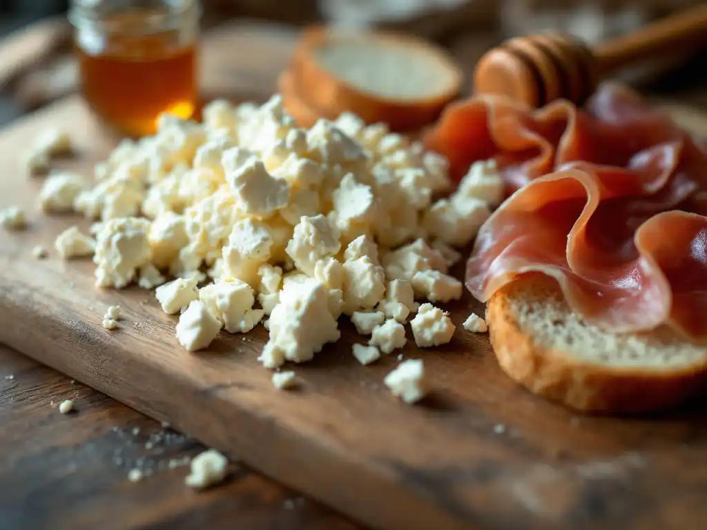 Goat cheese crumbles on artisan bread with prosciutto and honey on rustic wooden cutting board