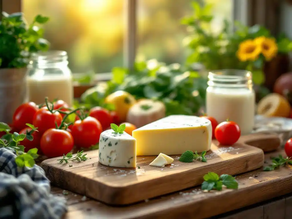 Artisanal goat cheese wheels with fresh herbs on rustic wooden cutting board surrounded by heirloom tomatoes and greens