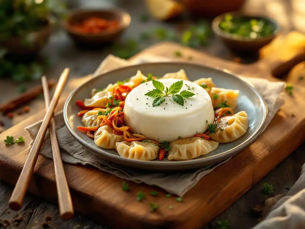 Melted goat cheese over Asian dumplings on wooden cutting board with chopsticks and fresh herbs in warm lighting