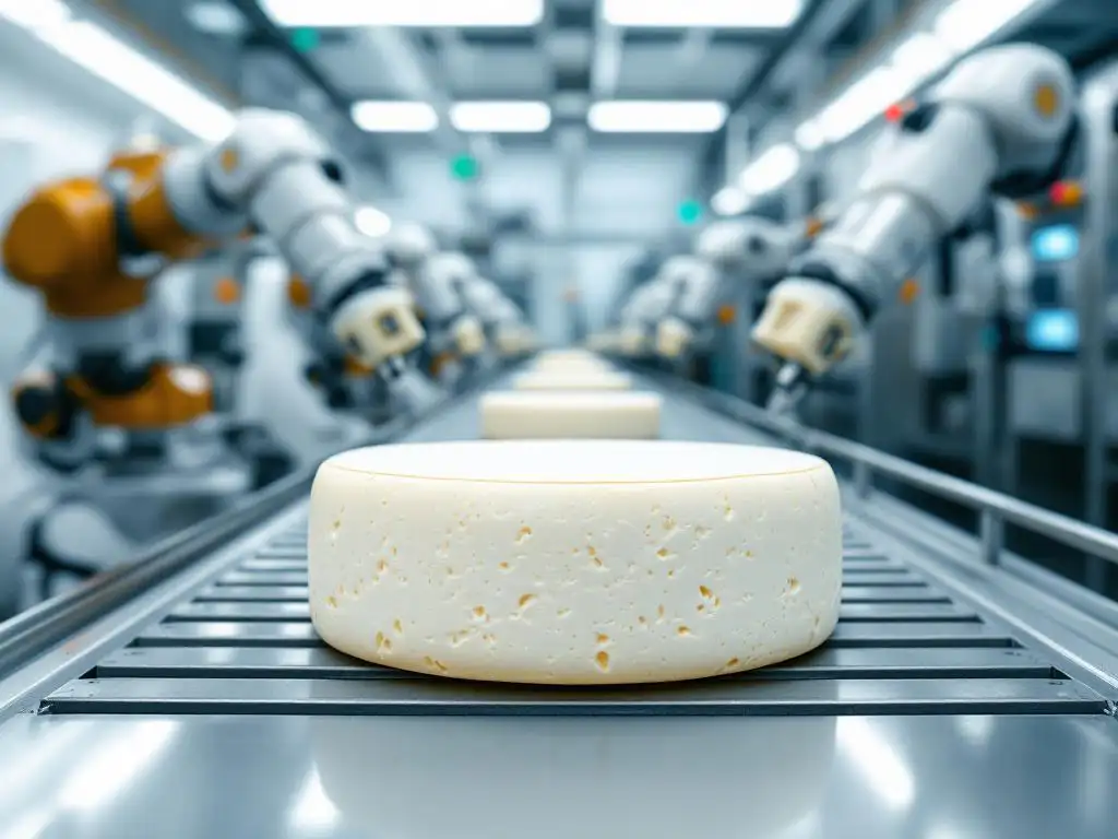 White goat cheese wheel on stainless steel conveyor belt with robotic arms in modern dairy processing facility