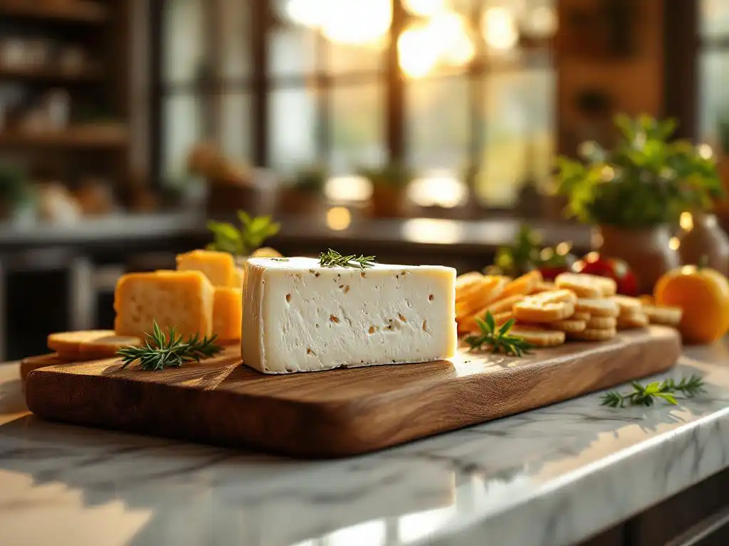 Creamy white goat cheese wedge on rustic wooden board with artisanal crackers and herbs on marble counter in warm light