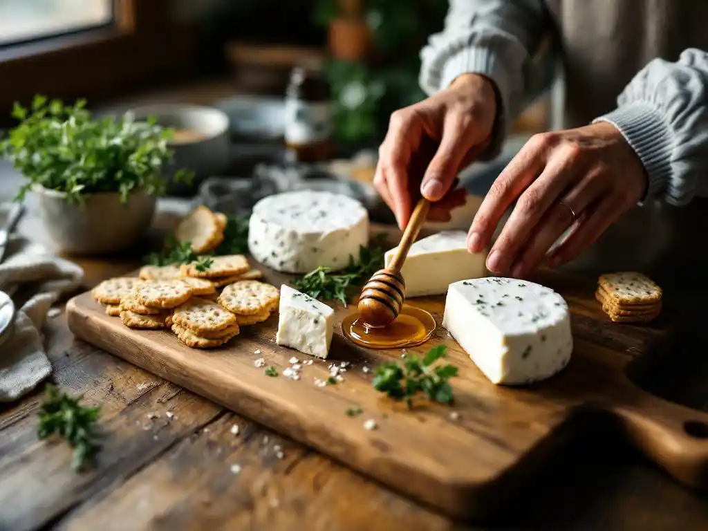 Hands selecting creamy goat cheese wheels and wedges from rustic wooden cutting board with fresh herbs, crackers and honey