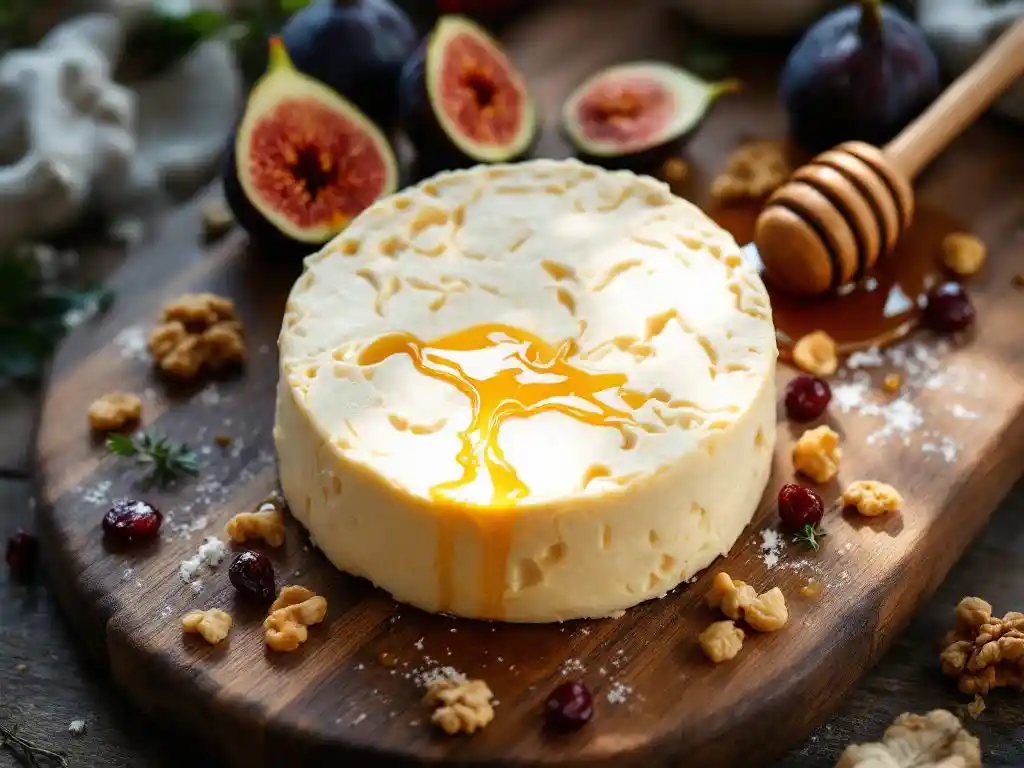 Creamy goat cheese wheel on rustic wooden cutting board with fresh figs, honey, walnuts and cranberries in warm lighting
