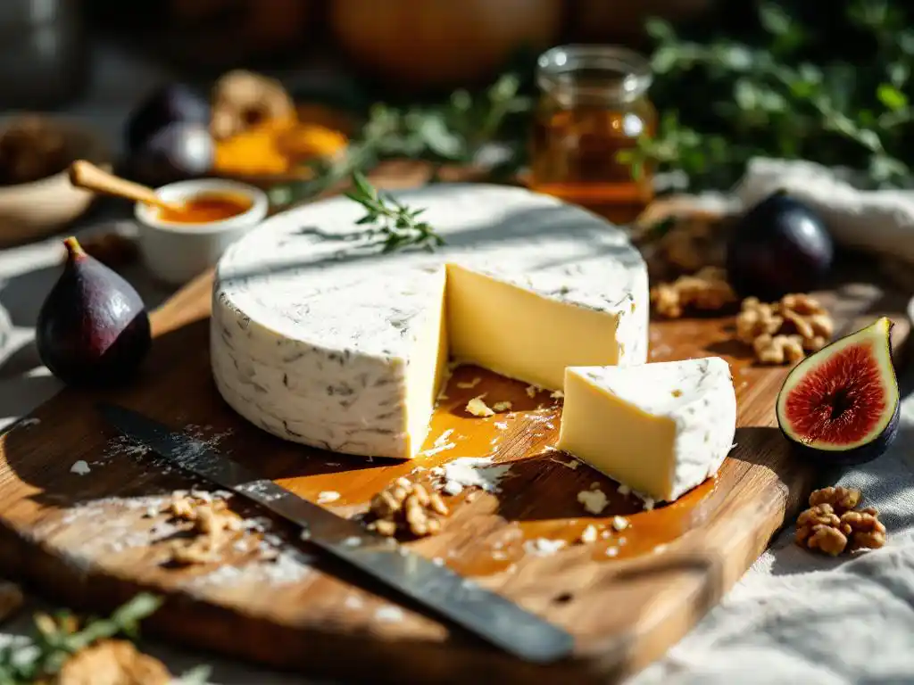 Goat cheese wheel with cut wedge on wooden cutting board surrounded by fresh figs, honey, walnuts and thyme herbs