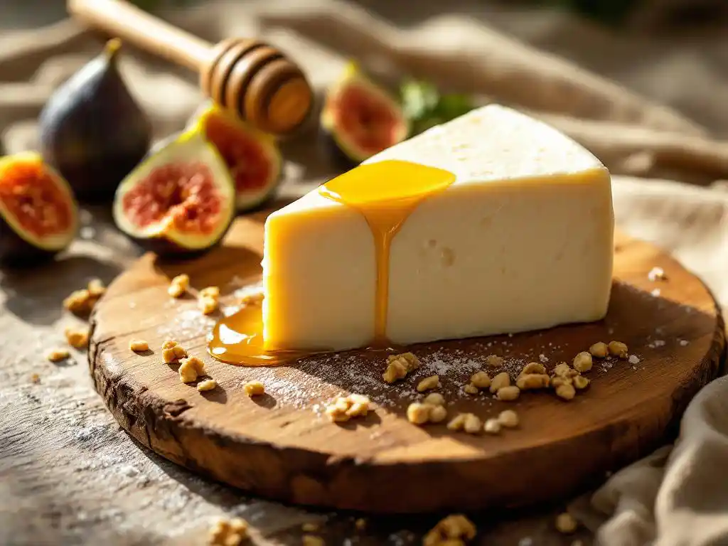 Artisanal goat cheese wedge on rustic wooden board with fresh figs, honey drizzle, and scattered walnuts in warm lighting