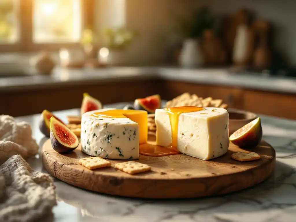 Goat cheese wedge on wooden board with honeycomb, fresh figs and crackers on marble countertop in natural light