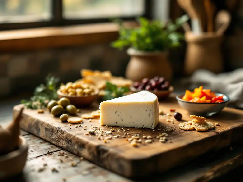 Creamy white goat cheese wedge on rustic wooden cutting board with Mediterranean olives, sesame crackers, and peppers