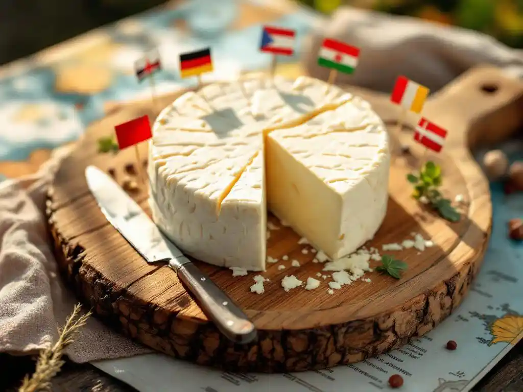 Artisanal goat cheese wheel with knife cuts on wooden board surrounded by international flags and world map