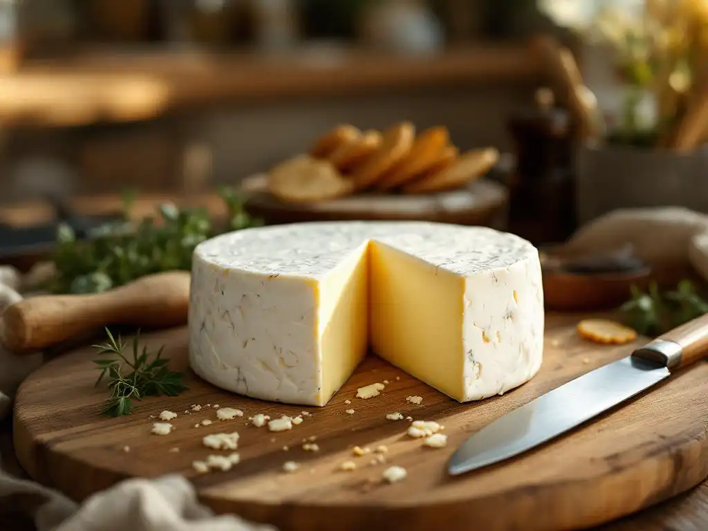 Goat cheese wheel with cut wedge on wooden board surrounded by crackers, herbs, and cheese knife in warm lighting