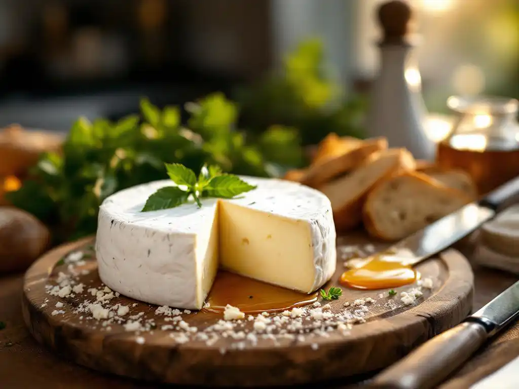 Goat cheese wheel with cut wedge on wooden cutting board surrounded by fresh herbs, honey, crusty bread and chef's knife