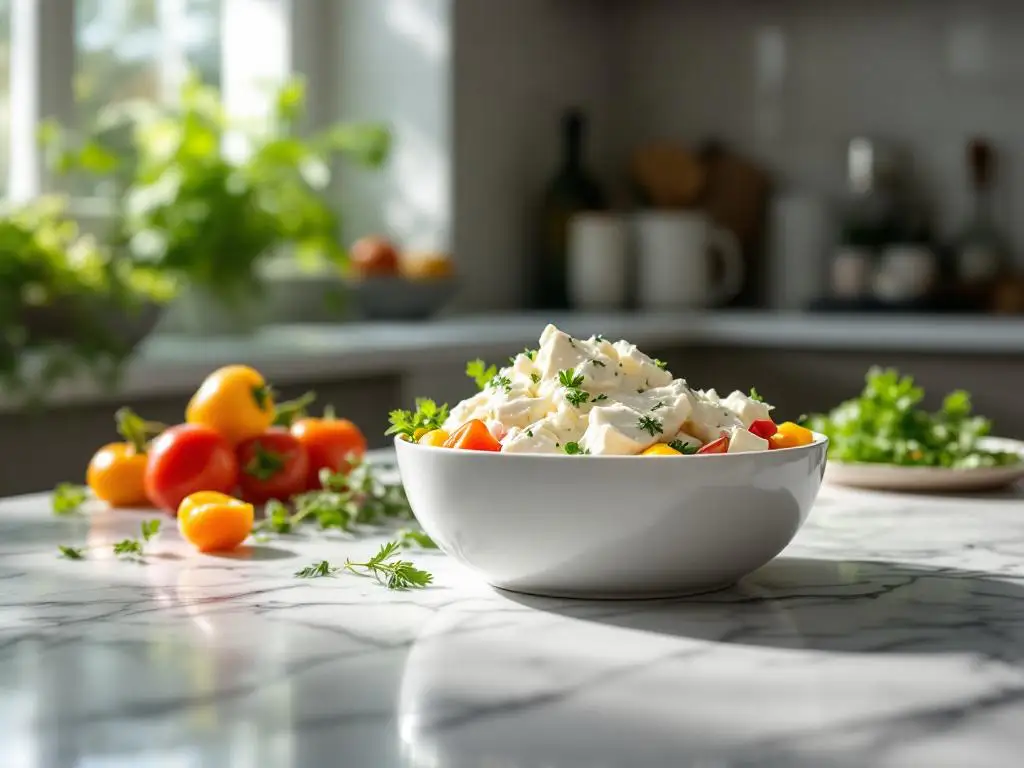 White ceramic bowl of creamy goat cheese on marble counter with fresh herbs, vegetables, and meal prep container nearby