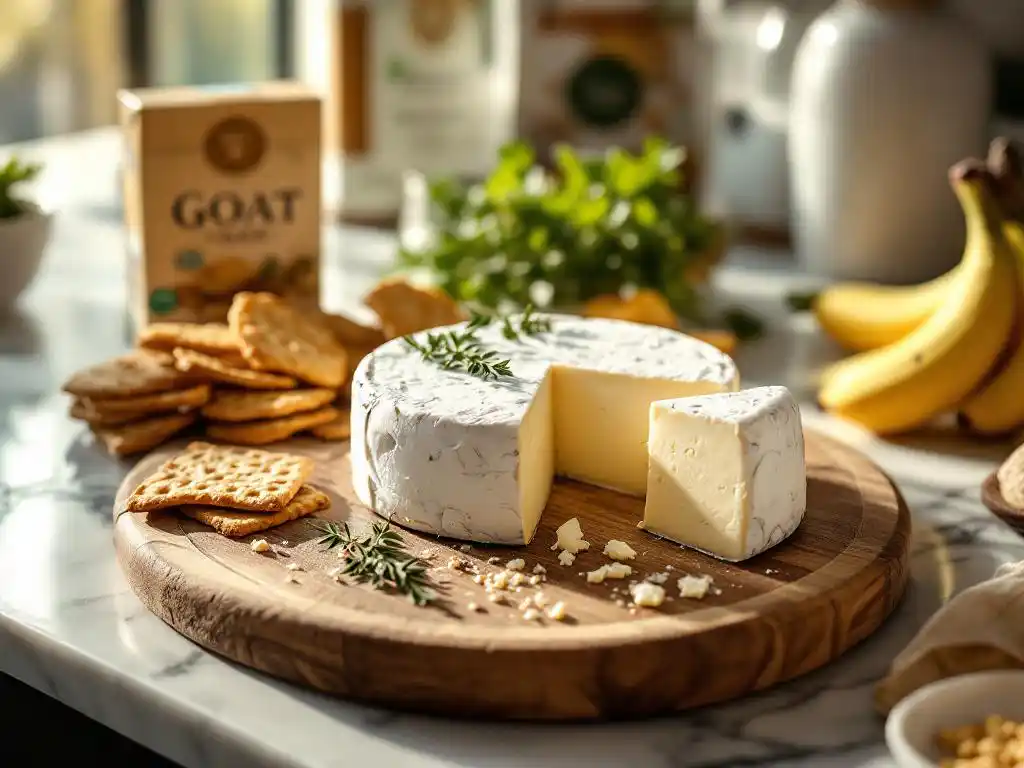 Goat cheese wheel with cut wedge on rustic wooden charcuterie board with crackers and herbs on marble counter