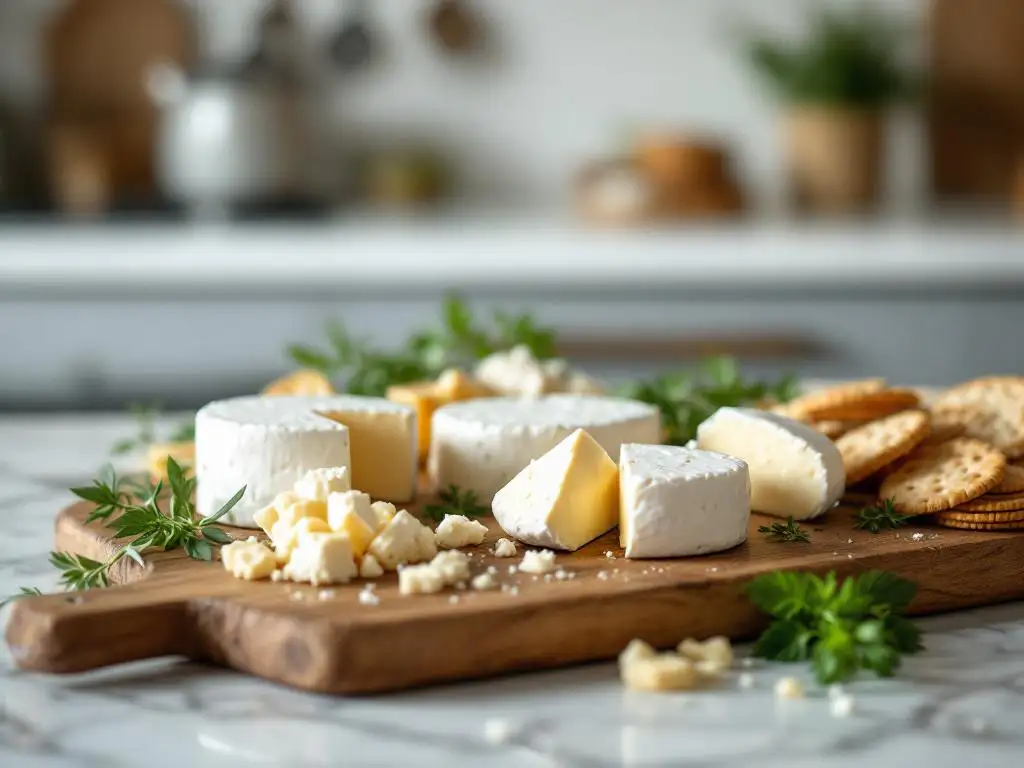 Goat cheese wheels and crumbles on rustic wooden charcuterie board with fresh herbs and crackers on marble counter