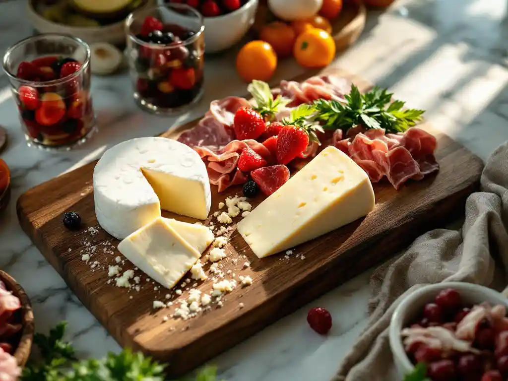 Goat cheese wheels and charcuterie board with cured meats, fresh berries and vegetables on rustic wooden cutting board