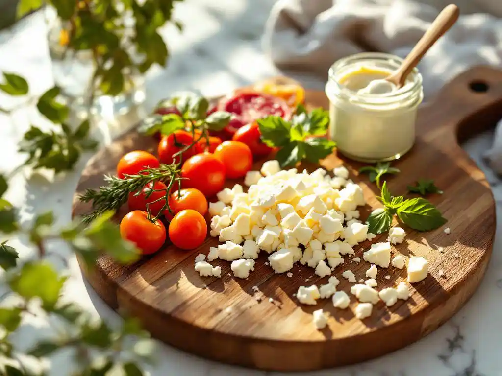 Fresh goat cheese crumbles and spread with organic vegetables on rustic wooden cutting board, farm-to-table ingredients