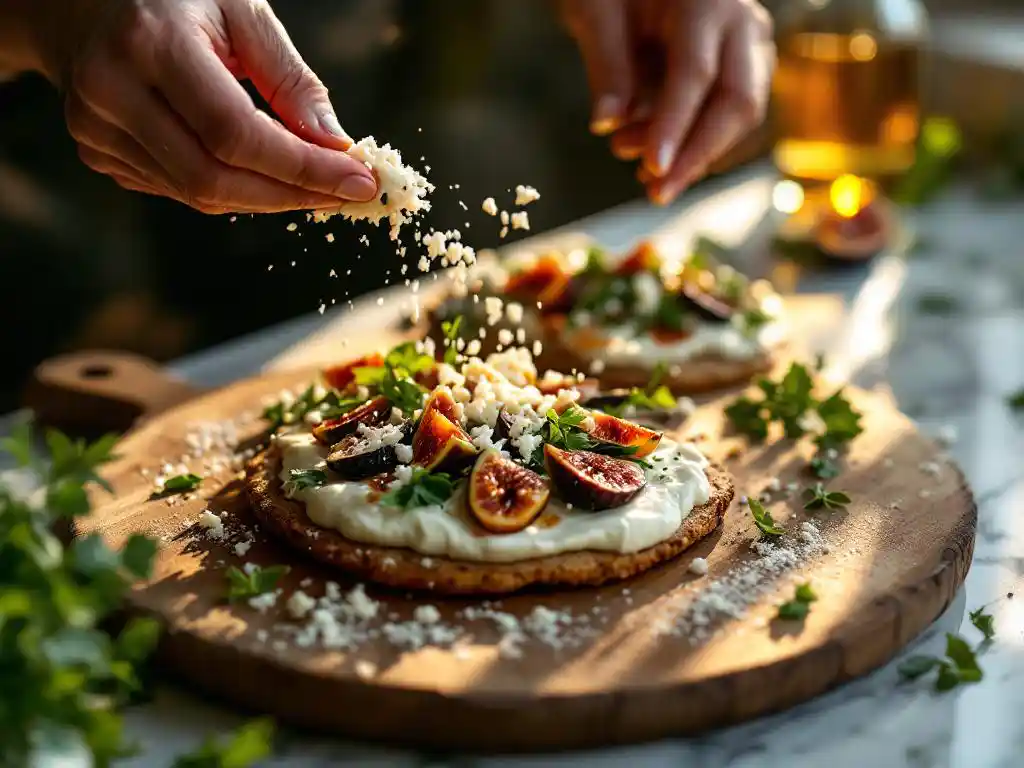 Chef's hand crumbling white goat cheese over gourmet flatbread with caramelized figs and arugula on rustic wooden board