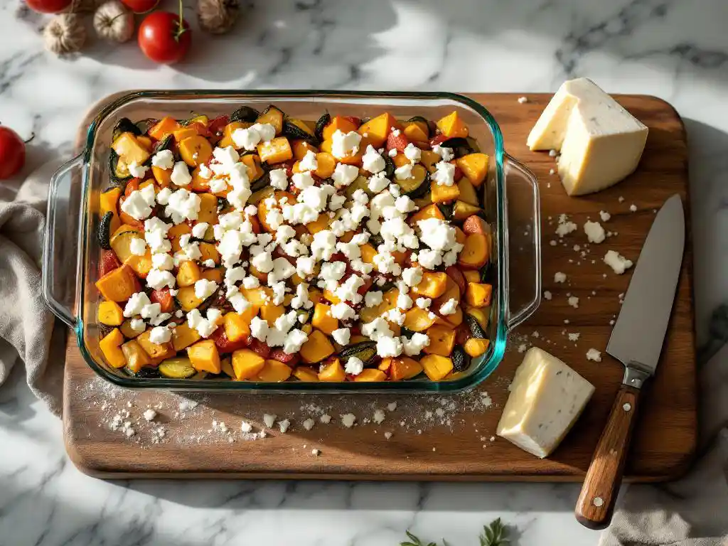 Layered meal prep dish with roasted vegetables and goat cheese crumbles on wooden cutting board with cheese wheel