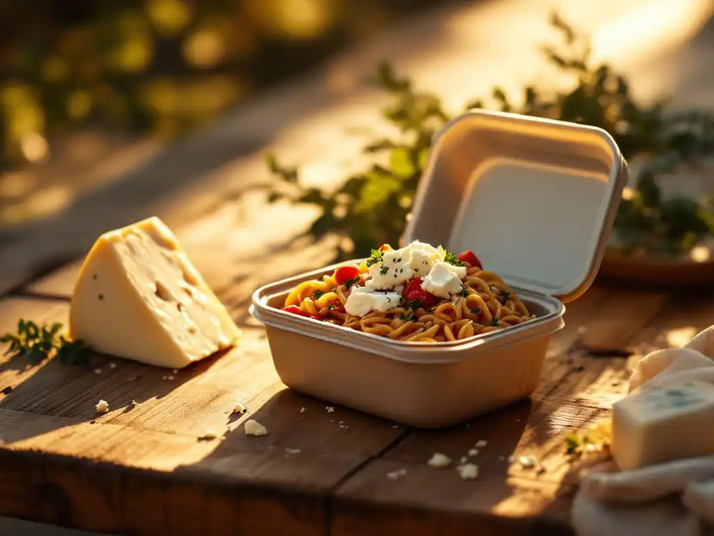 Mediterranean pasta with crumbled goat cheese in takeout container on rustic wooden table, artisanal cheese wedge beside