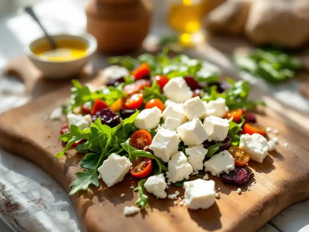Mediterranean salad with goat cheese crumbles, arugula, roasted tomatoes and beets on wooden cutting board