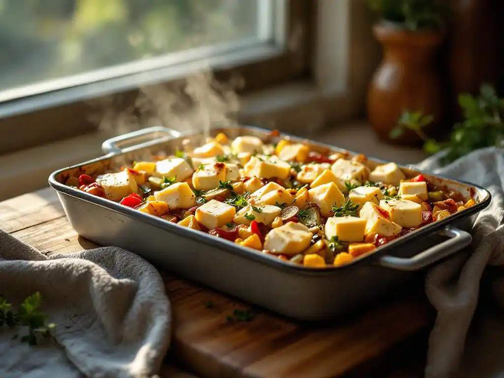Golden-brown Mediterranean vegetable traybake with melted goat cheese on wooden cutting board, steam rising from oven