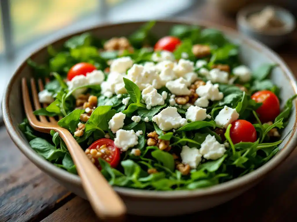 Fresh mixed greens salad with goat cheese crumbles, cherry tomatoes, and toasted walnuts in ceramic bowl on wooden table