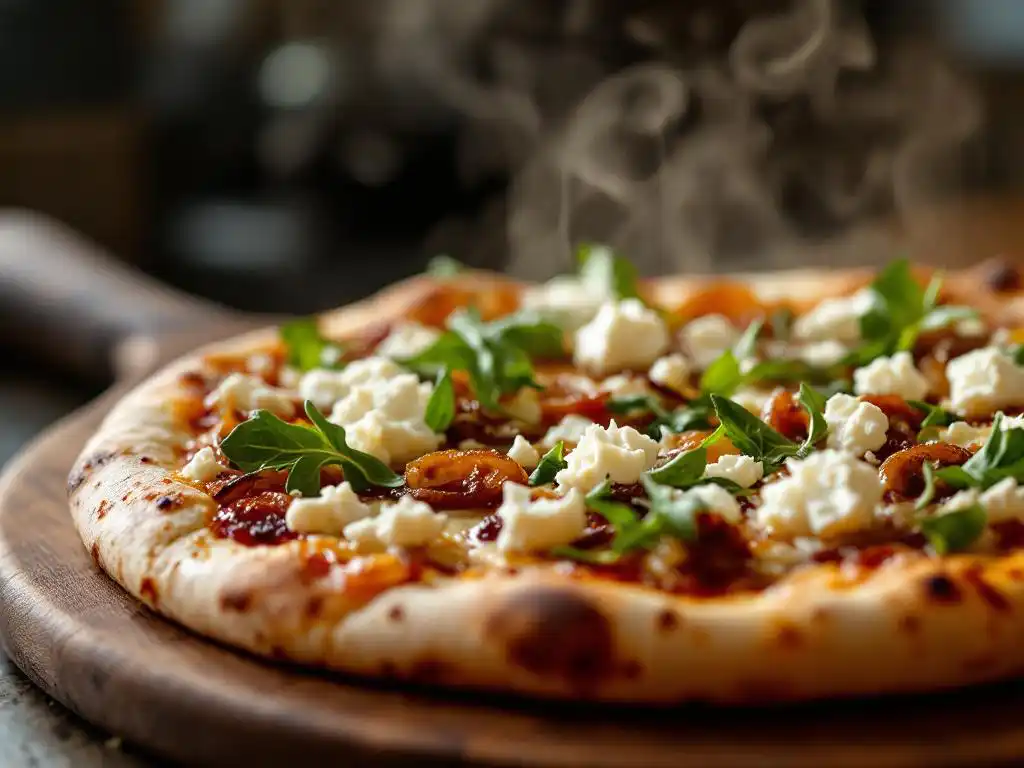 Artisanal pizza with goat cheese, arugula, and caramelized onions on golden crust with steam rising from hot surface
