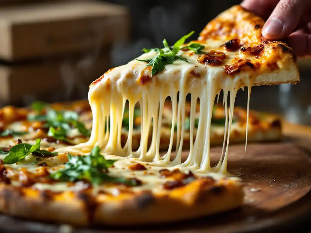 Slice of artisanal goat cheese pizza being lifted with stretchy melted cheese, arugula, and caramelized onions on wooden board