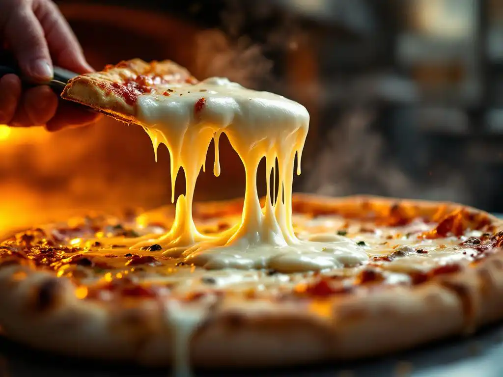 Goat cheese stretching from lifted pizza slice in commercial kitchen with wood-fired oven and stainless steel surfaces