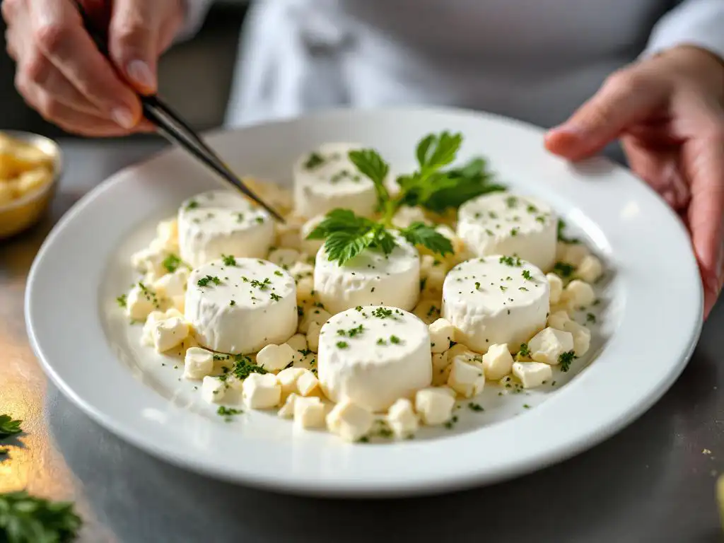 Chef plating creamy goat cheese rounds with tweezers on white porcelain plate in professional kitchen