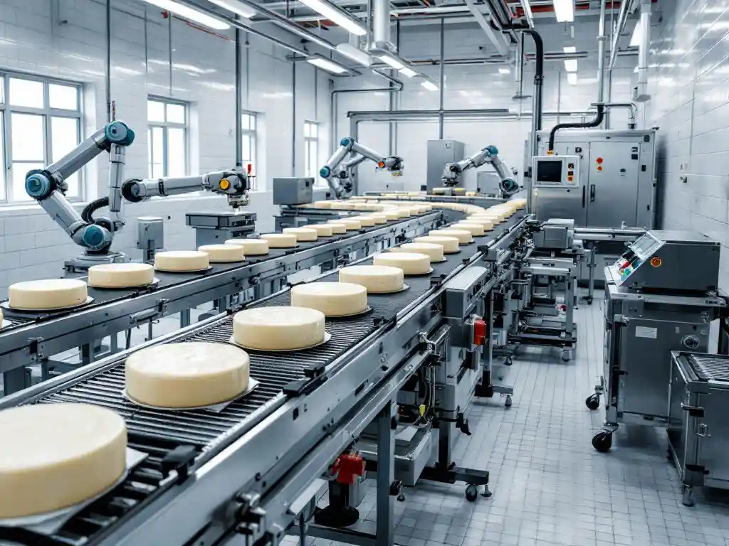 Automated goat cheese production line with robotic arms packaging artisanal cheese wheels on stainless steel conveyor belt