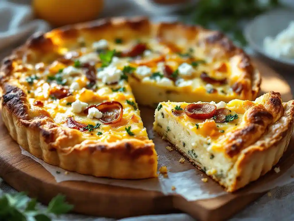Golden-brown goat cheese quiche with caramelized onions and herbs on wooden cutting board, showing flaky crust and creamy filling