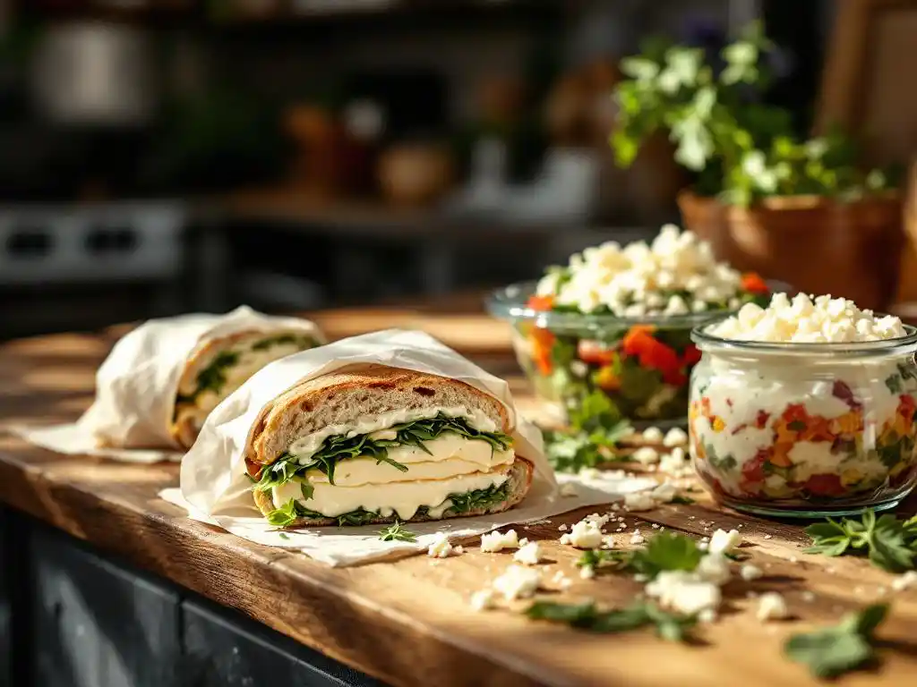 goat-cheese-grab-and-go-rustic-counter-display.jpg Rustic wooden counter with goat cheese sandwich, salad, and spread jars surrounded by fresh herbs in warm morning light