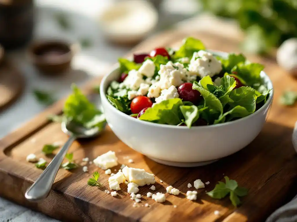 Fresh salad with goat cheese crumbles in white ceramic bowl on rustic wooden cutting board with natural lighting