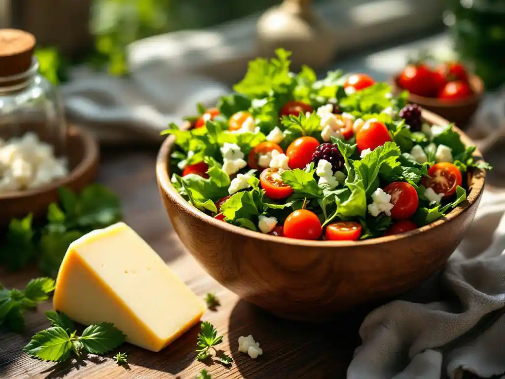 Rustic wooden salad bowl with mixed greens, cherry tomatoes, and crumbled goat cheese on kitchen counter