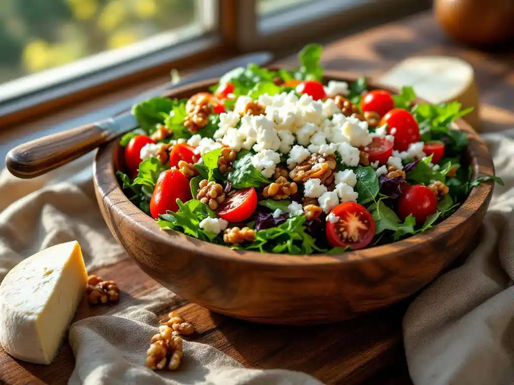 Mixed green salad with cherry tomatoes, candied walnuts, and goat cheese crumbles in rustic wooden bowl with cheese wheel