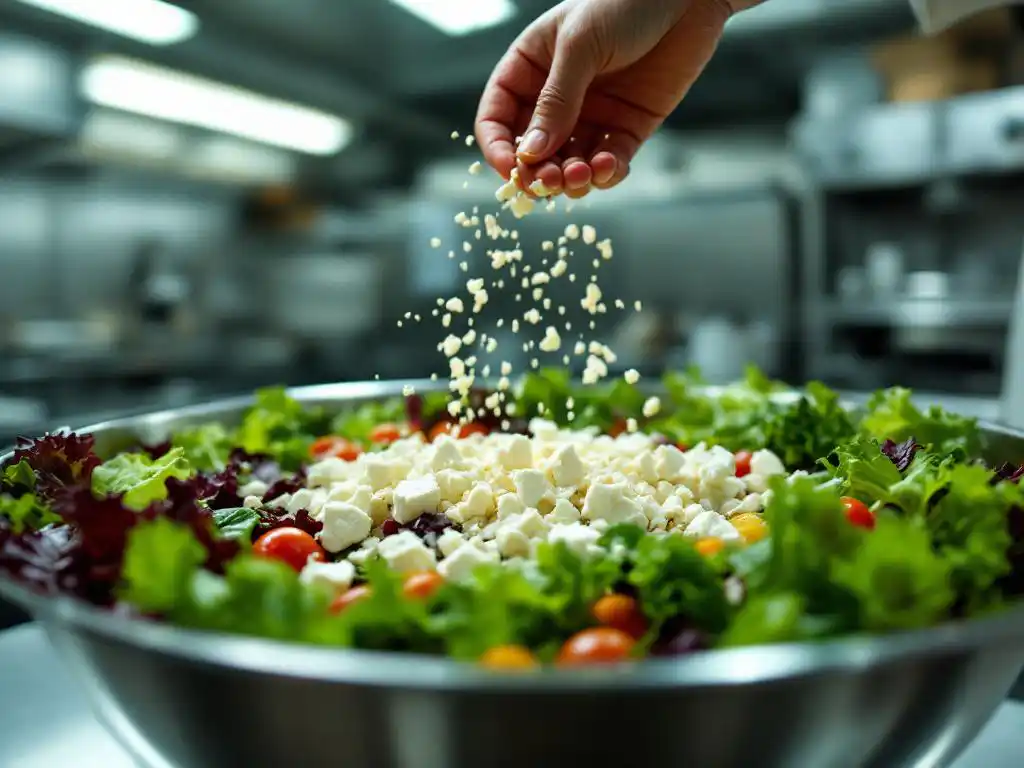 Chef sprinkling fresh goat cheese crumbles over mixed greens salad in commercial kitchen bowl