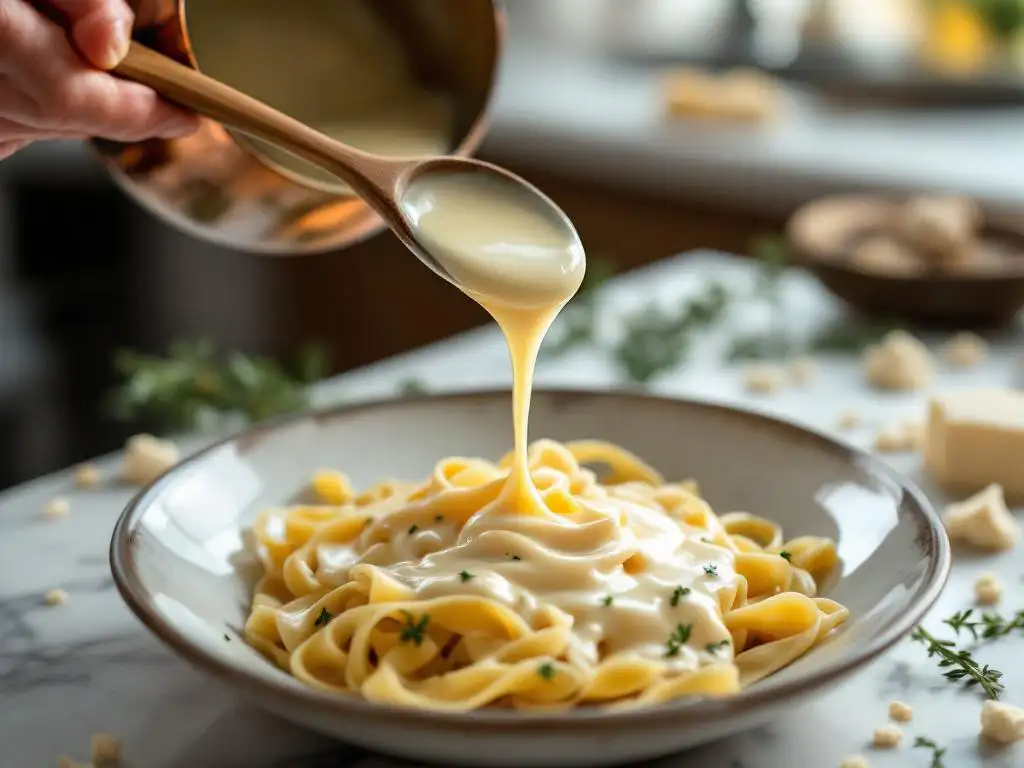 Wooden spoon drizzling creamy goat cheese sauce from copper pan onto fresh pasta with thyme on marble counter