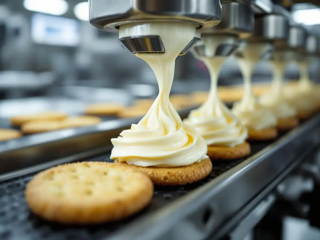 Industrial spreading machine dispensing creamy goat cheese onto golden crackers on conveyor belt in modern food facility