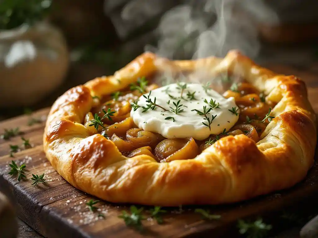 Golden-brown puff pastry tart with goat cheese, caramelized onions, and fresh thyme on wooden cutting board