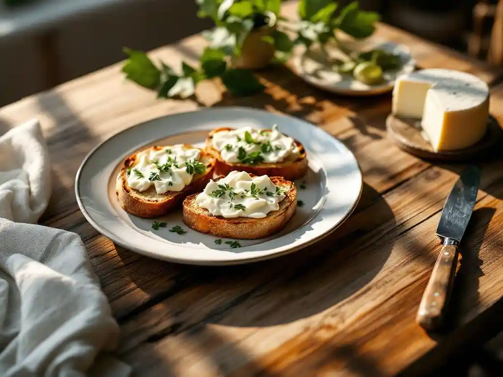 Artisanal toast with goat cheese and herbs on white plate, rustic wooden table with cheese wheel and knife in sunlight